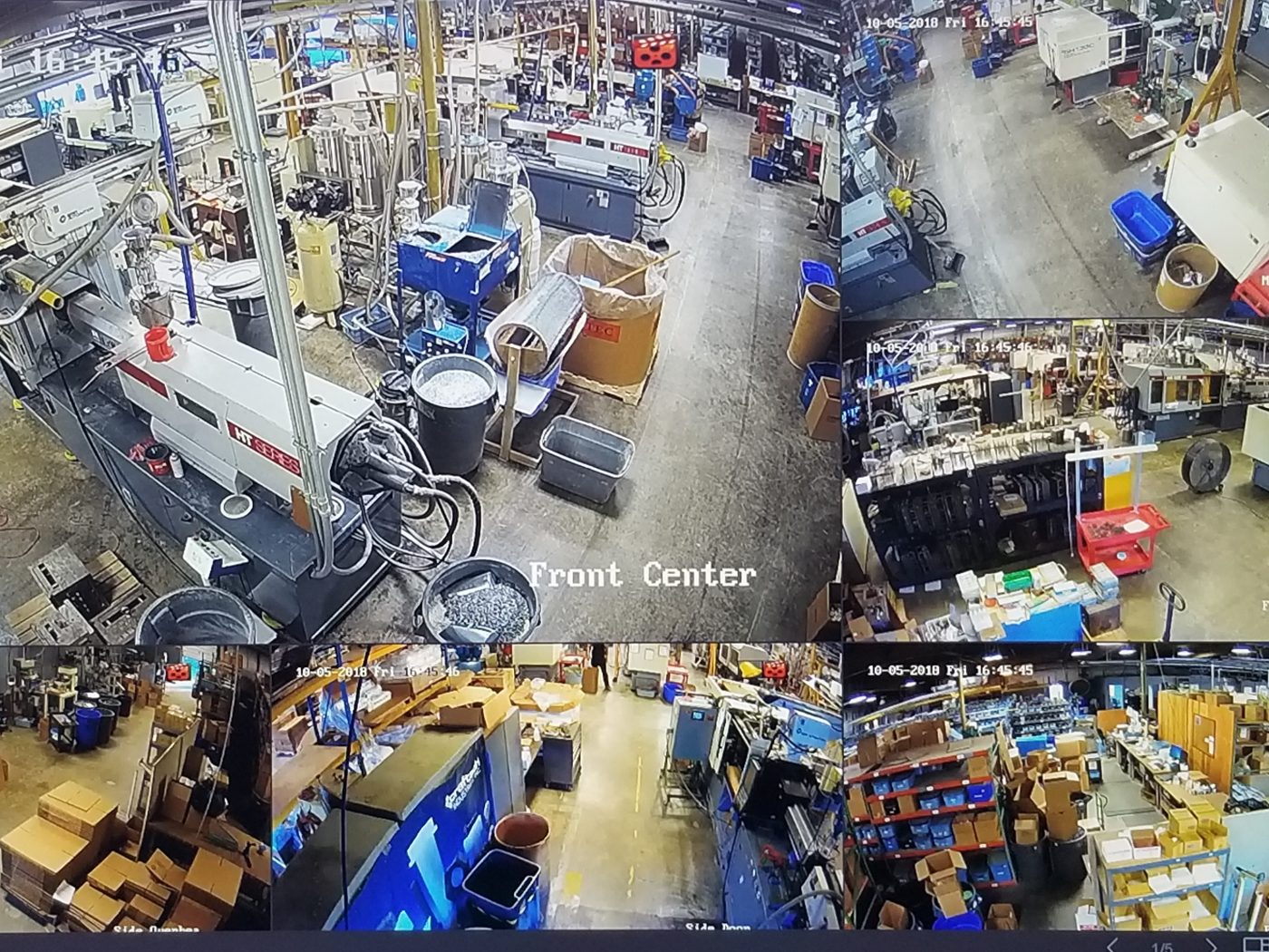 A six-view camera wall showing live coverage of a manufacturing floor, with labelled views for the front, side door and overhead positions