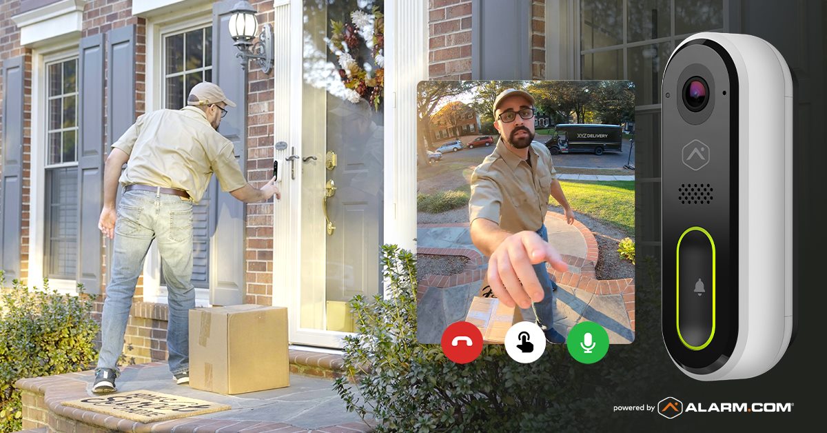A delivery driver at a front door with a package, shown alongside the live doorbell-camera view of the same moment on a phone
