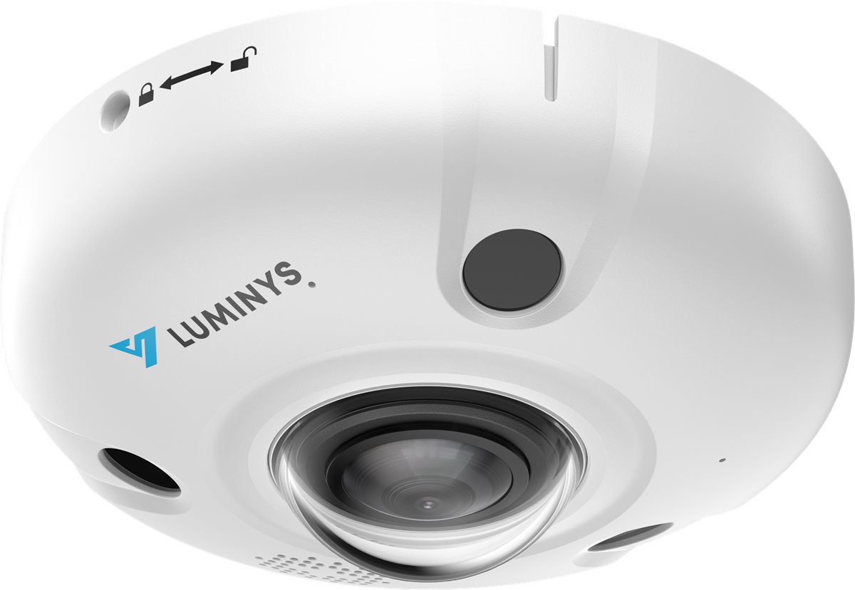 A Luminys fisheye dome camera, a low-profile white housing with a single panoramic lens